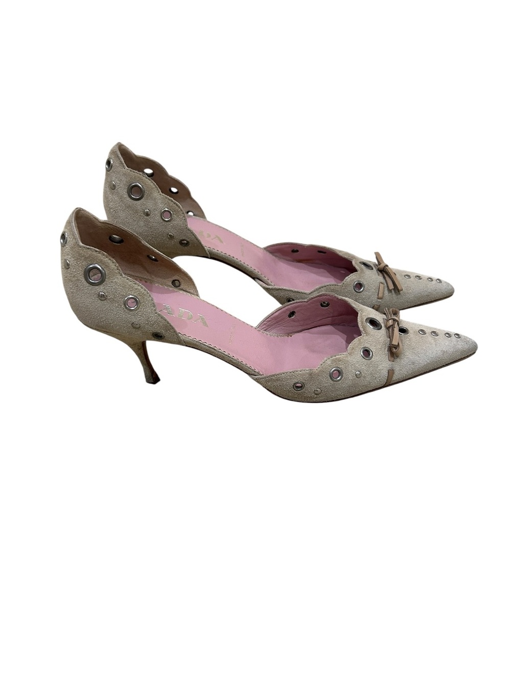 Prada Tan Suede Pointed Toe heeled Pumps grommet & Stud & bow Italy sz eu 38.5